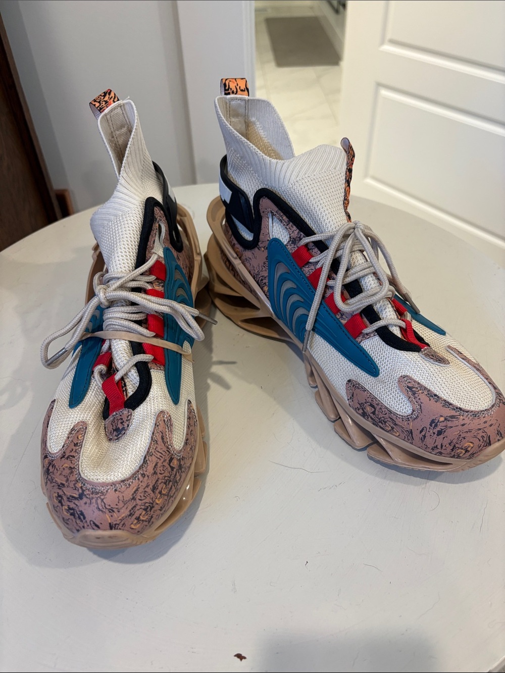 SOP White, Teal, Red & Tan Kids High-Top Sneakers Korean Alethic